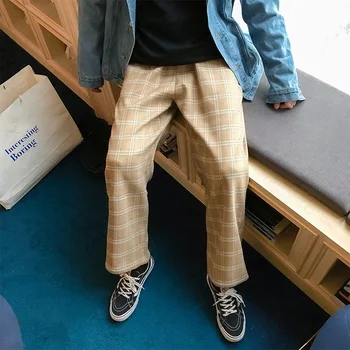 

2019 Korea Spring Men's Fashion Tide Lattice Pattern Straight-Legs Pants Elastic Waist Loose Casual Pure Color Trousers M-3XL