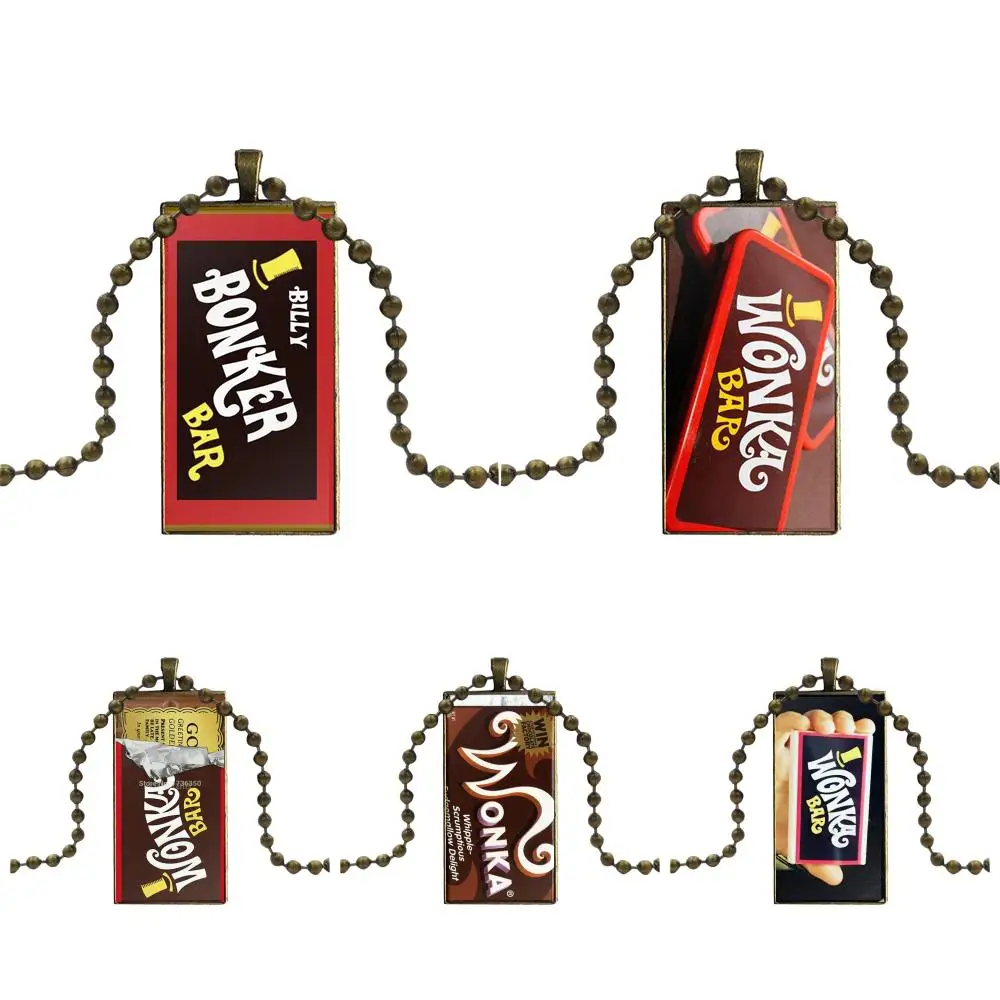 

EJ Glaze For Women Wedding Gift Glass Cabochon Pendant Necklace Rectangle Fashion Necklace Willy Wonka Bar With Golden Ticket