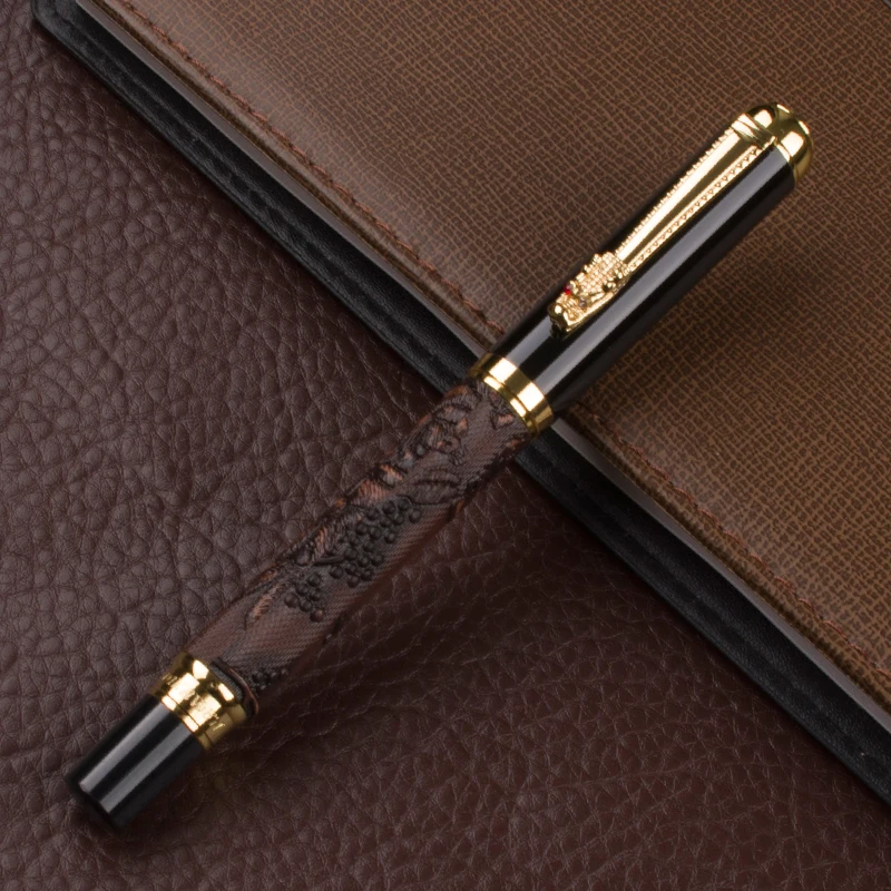 

891 Brown Color 3D Pattern Chinese Dragon Golden Clip roller ball pen With M Nib For Antique Gift