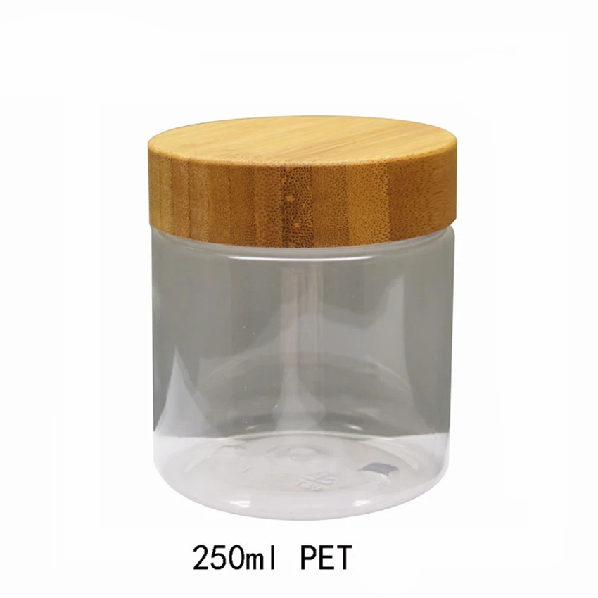 Download 20PCS 250g 250ml Big Clear Plastic PET Cream Jars with bamboo Lid Cap Bamboo Plastic Cosmetic ...