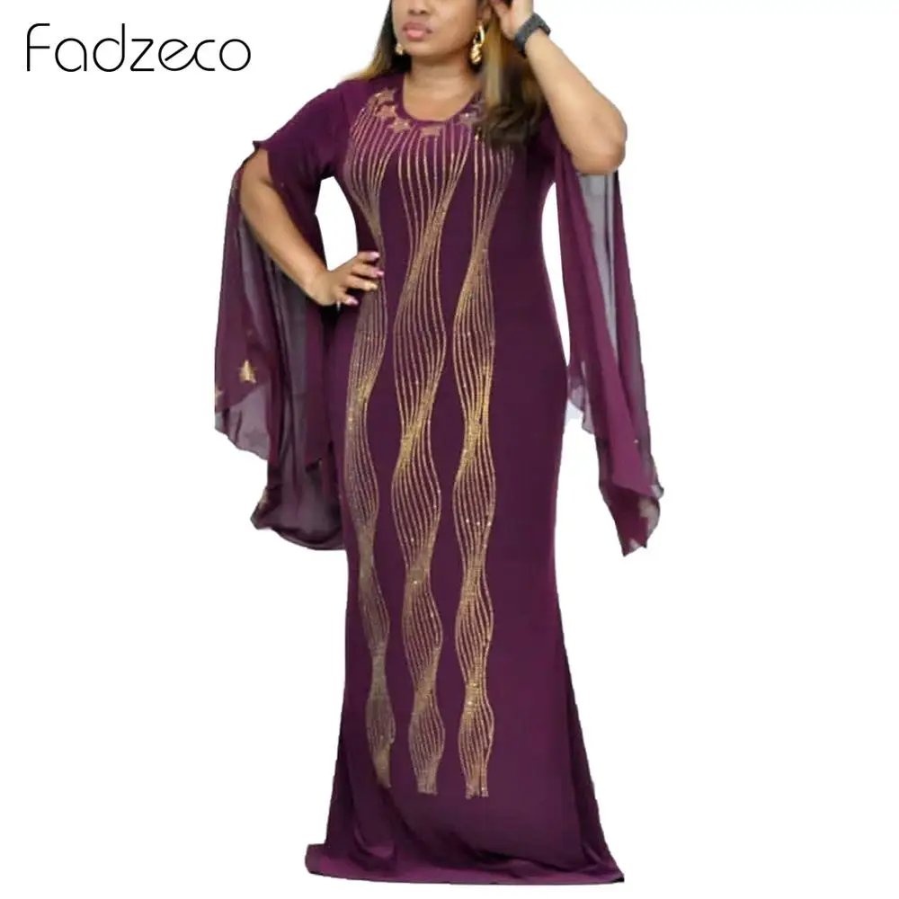 Purple Fadzeco Африканское Платье Для Женщин Дашики горячее сверление африканская одежда Bazin Riche сексуальное тонкое платье с оборками и рукавами вечернее длинное платье - Цвет: Purple