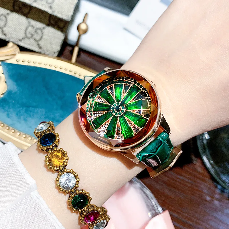 2019 360 Degree Rotating Green Watches Women's Fashion Waterproof Lady Leather Watch Strap Garment Match Simple Quartz | Наручные
