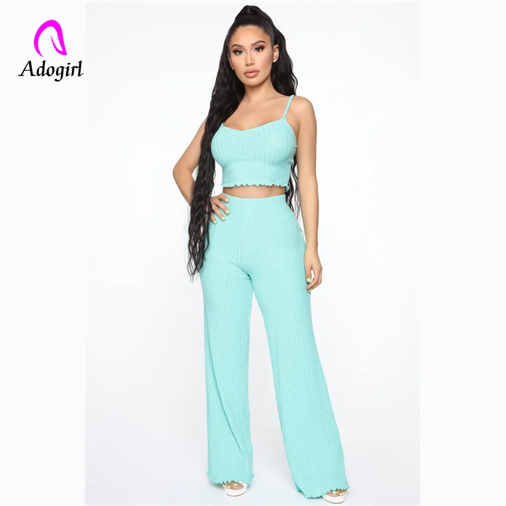 

Adogirl 2 Piece Set Women Solid Off The Shoulder Camis Crop Top and Pants Sexy Female Pants Set Summer Women Set Matching Set