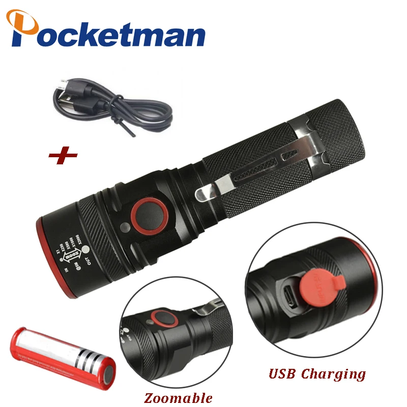 3800LM светодиодный светильник-вспышка USB Перезаряжаемый светильник-вспышка с usb XML T6 портативный масштабируемый фонарь 3 режима фонарь для аккумулятора 18650 - Испускаемый цвет: torch with battery