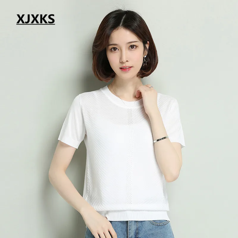 XJXKS футболка Новинка Лето круглый вырез короткий рукав полые Повседневные Удобные Высококачественные тканевые футболки для женщин