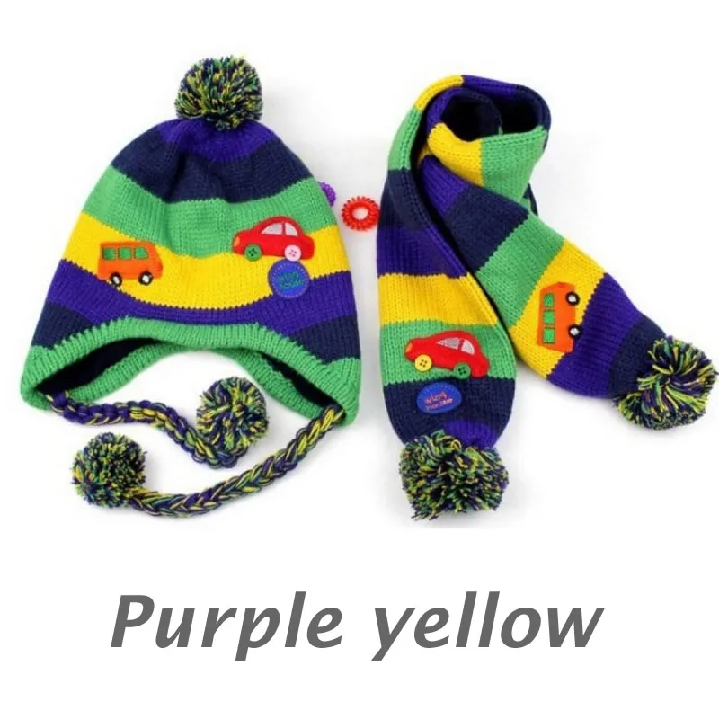 Горячей трикотажные детские ребенок шляпа мультфильм младенца крышки шарф шляпа ребенок тепловой пряжи ухо ребенка шляпа, шарф Набор bay кепки для мальчиков MZ09 - Цвет: Purple yellow