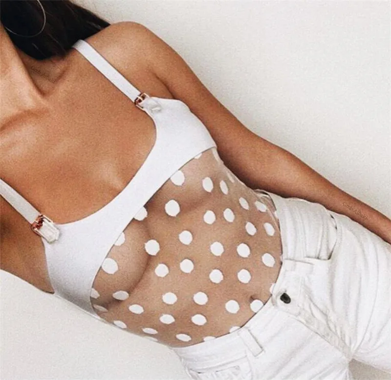 Новый Цельный купальник в горошек Женский сетчатый купальный костюм сексуальные