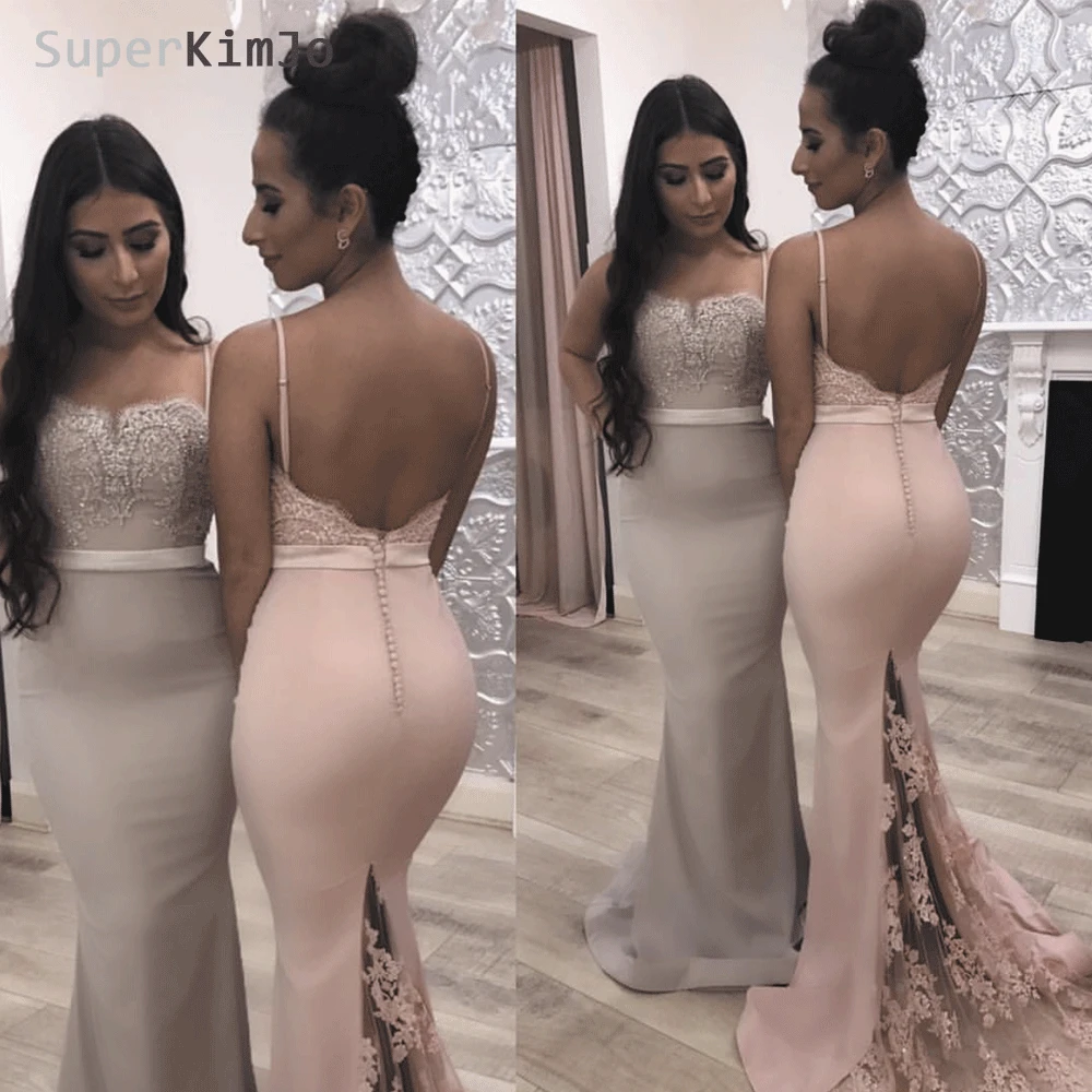 

SuperKimJo Mermaid Bridesmaid Dresses Long 2019 Vestido De Festa Longo Pink Lace Applique Beaded Wedding Party Dress