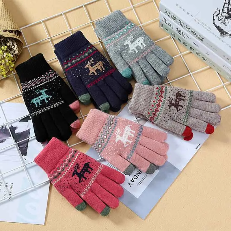 Модные зимние перчатки для сенсорный экран для женщин перчатки утепленные вязаные варежки уличные теплые полный палец рождественские лося женские перчатки