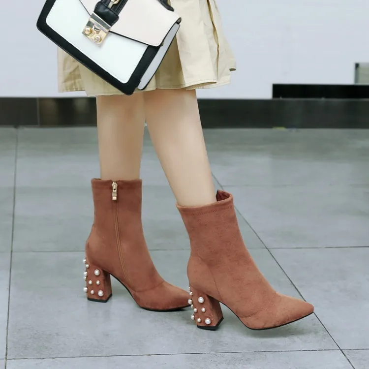 

Big Size 9 10 11 Pearl zipper boots with pointed suede and thick heels