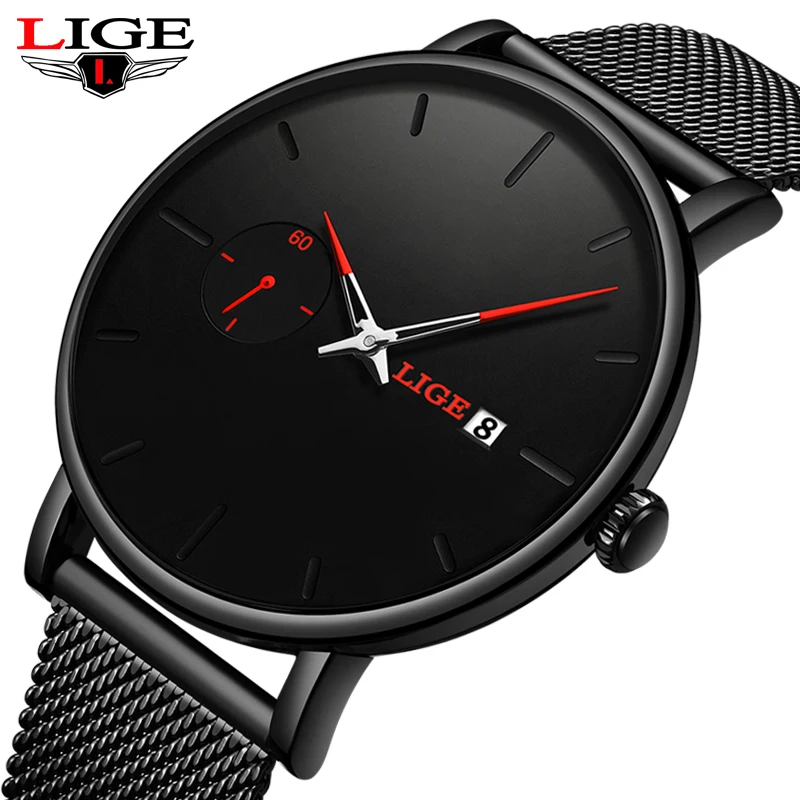 

2019 New LIGE Mens Watches Top Brand Luxury Casual Fashion Watch Men Net with Simple Clock Waterproof Quartz Wristwatch+Gift Box