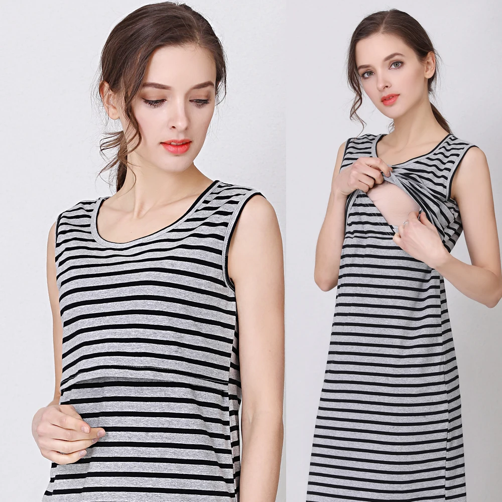 Maternity Dress Breastfeeding Clothing Sleeveless Summer Stripe Nursing Clothes for Pregnant Milk Women Cotton Fabric US Size