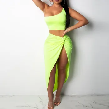 

Fashion Women Sexy Solid One Shoulder Short Top Bodycon Tank Split Skirt Suit summer style women outfits two piece suit set 2019