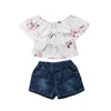 Summer New Toddler Kids Girl Clothes Off shoulder Floral Tassel Ball Bowknot Tops+Denim Shorts Hot Pant Jean 2PCS Children Set 1