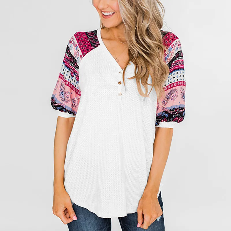 

yashangyi Knitted T-Shirt Women 2019 Summer Print Sleeve Summer Te Shirt Femme Sexy V-Neck Knitwear T Shirts Top Camisetas Mujer