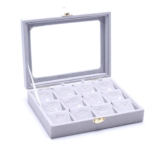 Чехол для переноски со стеклянной крышкой Ювелирное кольцо Ожерелье Подвеска Дисплей Коробка лоток держатель коробка для хранения Органайзер - Цвет: Серый