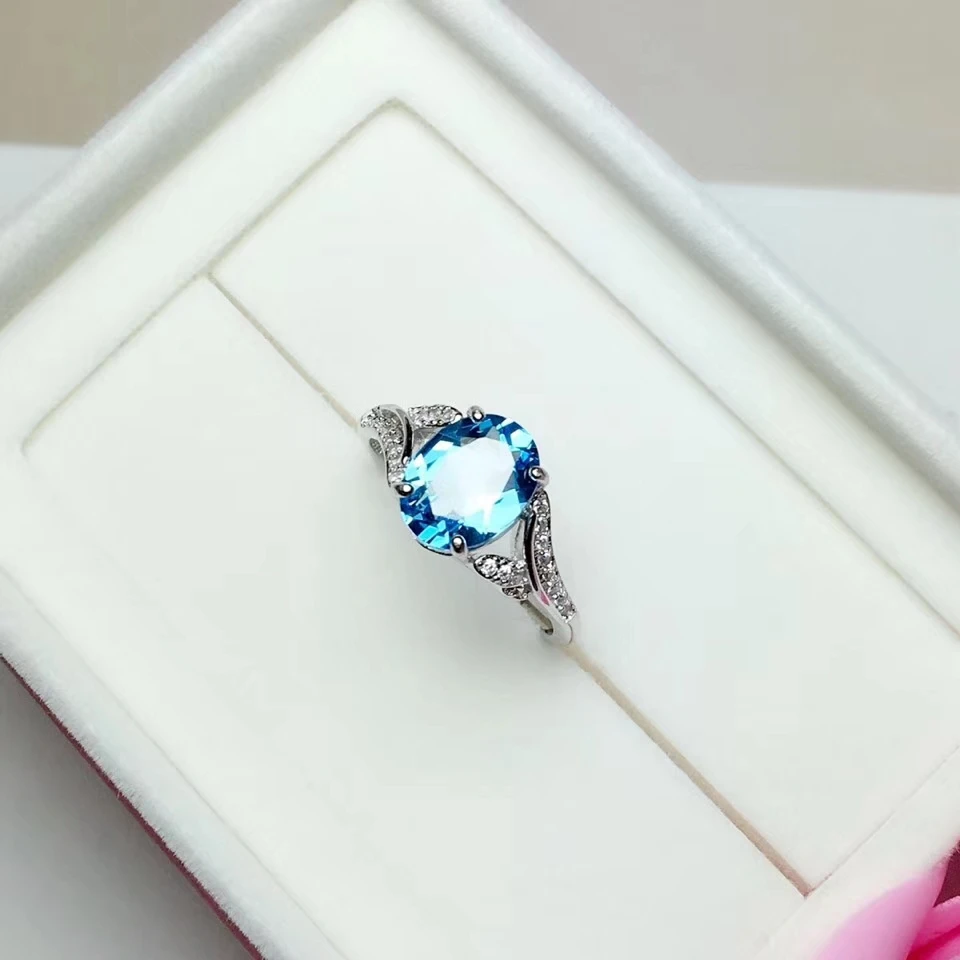 Природный Голубой топаз кольцо самоцвета S925 серебра, природных драгоценных камней кольцо Модные Элегантные листьев порождения Для женщин вечерние подарок тонкие кольца ювелирные изделия