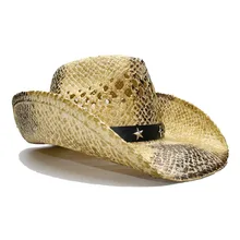 LUCKYLIANJI, летняя, Ретро стиль, для женщин и мужчин, с широкими полями, соломенная, для пляжа, ковбойская, Западная шляпа, с полой звездой, кожаный ремешок 58 см