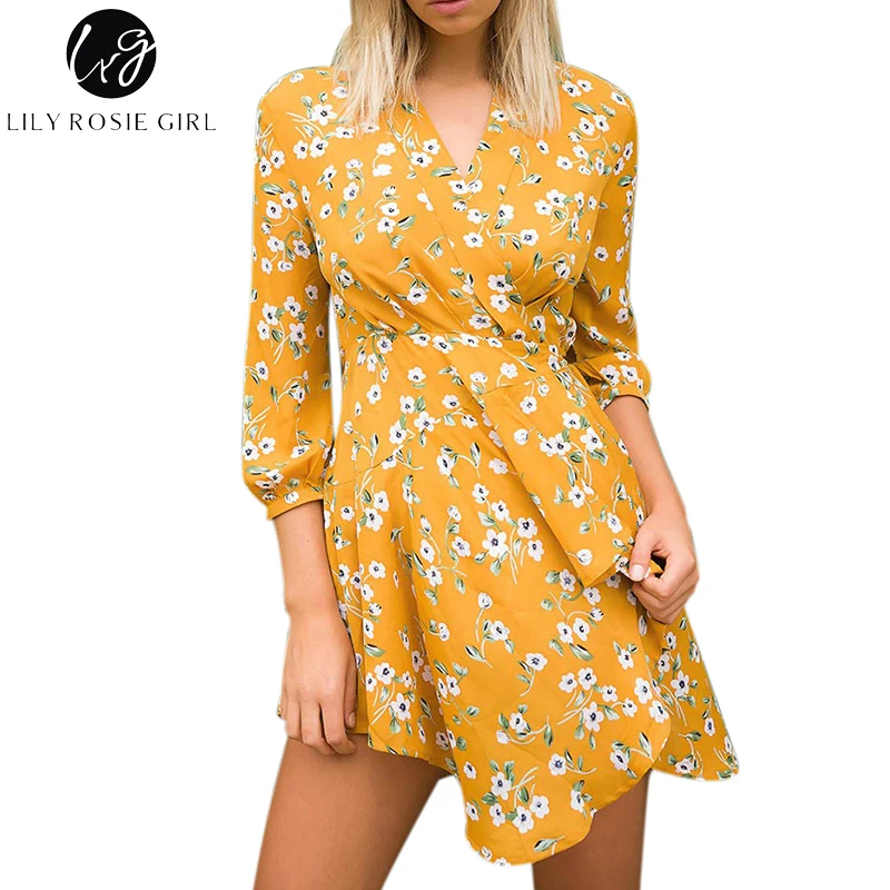 

Lily Rosie Girl Deep V Neck Sexy Boho Floral Print Mini Dress Women Autumn Winter Loose Warp Asymmetrical Short Dresses Vestidos
