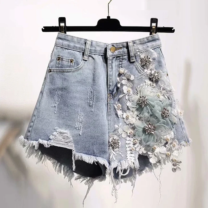 Летние модные женские джинсовые шорты с высокой талией, рваные, с кисточками, жемчугом, бисером, женские джинсовые шорты, 5xl, стразы, цветы