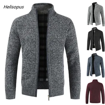 

Helisopus 2020 Autumn Winter Thick Sweater Cardigan Slim Fit Stand Collar Zipper Jacket Men Warm Fleece Lined Knitted Coat