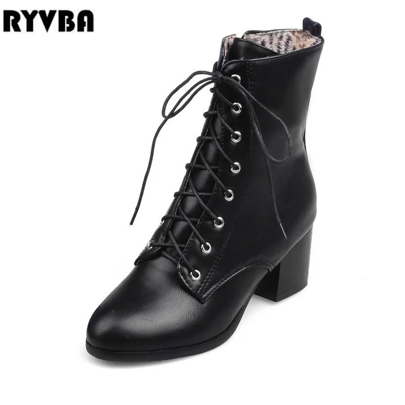 RYVBA/; женские ботильоны; женские ботинки на квадратном каблуке; сезон осень-зима; Женская рабочая обувь с перекрестной шнуровкой и круглым носком; большие размеры