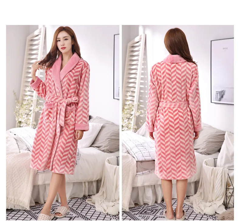 Новинка, женская зимняя Фланелевая пижама, плотное теплое белье, Розовое Кимоно, домашняя одежда для женщин, плюс размер, с отворотом, с поясом, розовый фланелевый банный Халат