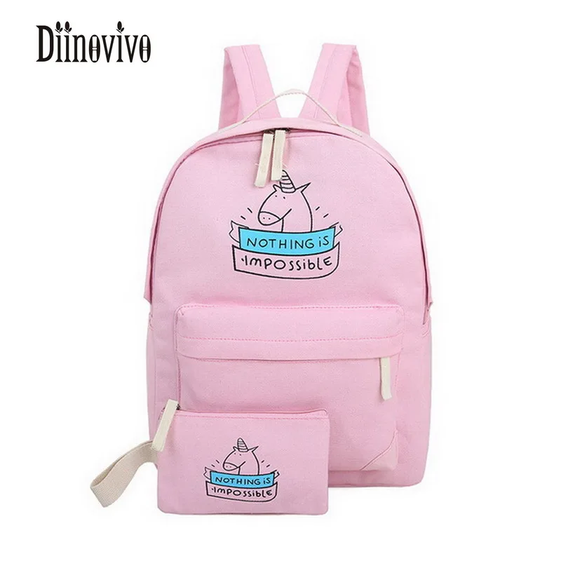 

DIINOVIVO Women Canvas Backpacks Fashion Cute Travel Bag Unicorn Printing Backpacks 2Pcs/Set Laptop Schoolbags For Girls DNV0191