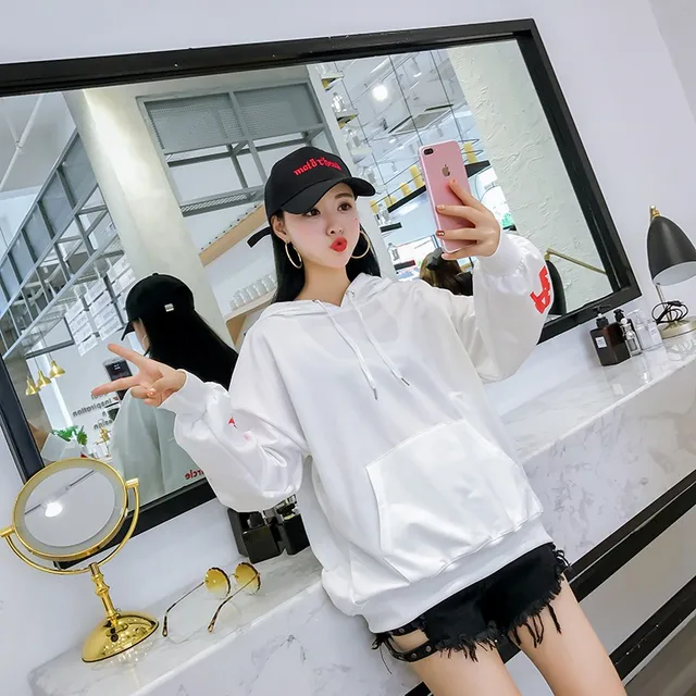 Sweatshirt Female White&Black Hoodies Women Long Sleeve Back Letter ...