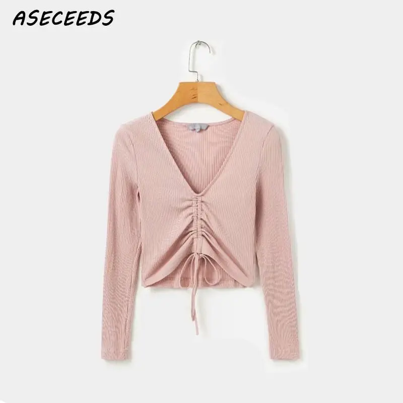 

Korean fashion clothing deep v neck sexy drawstring women blouses 2018 casual long sleeve shirt crop top pink shirt Summer