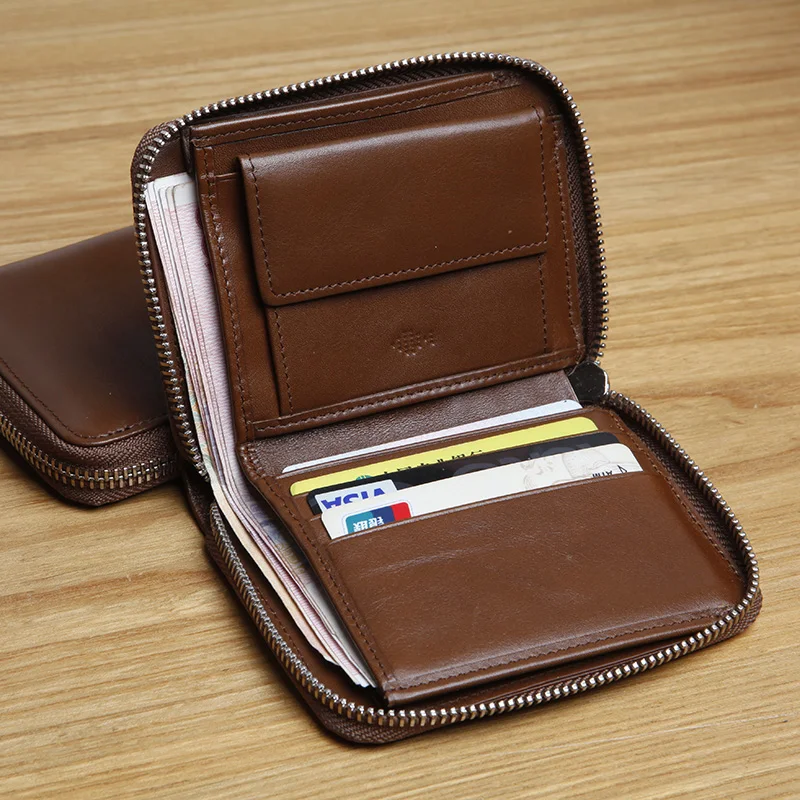 LANSPACE Men s leather zipper small wallet leather brand fashion mini wallet handmade wallet