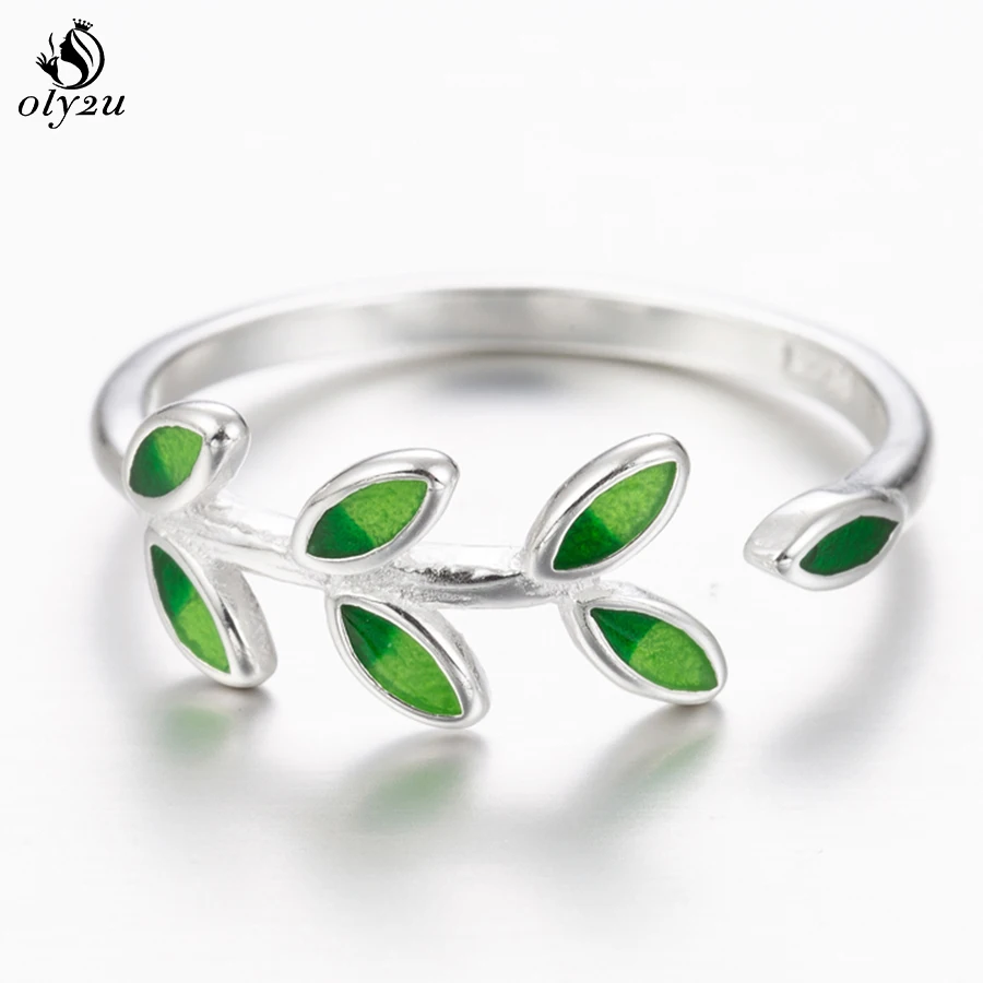 Oly2u Silver 925 Green Leaves Rings Finger Round Rings for Women