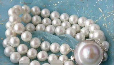

shitou 00646 Excellent 3row 9-10mm round white freshwater pearl bracelet mabe silver clasp