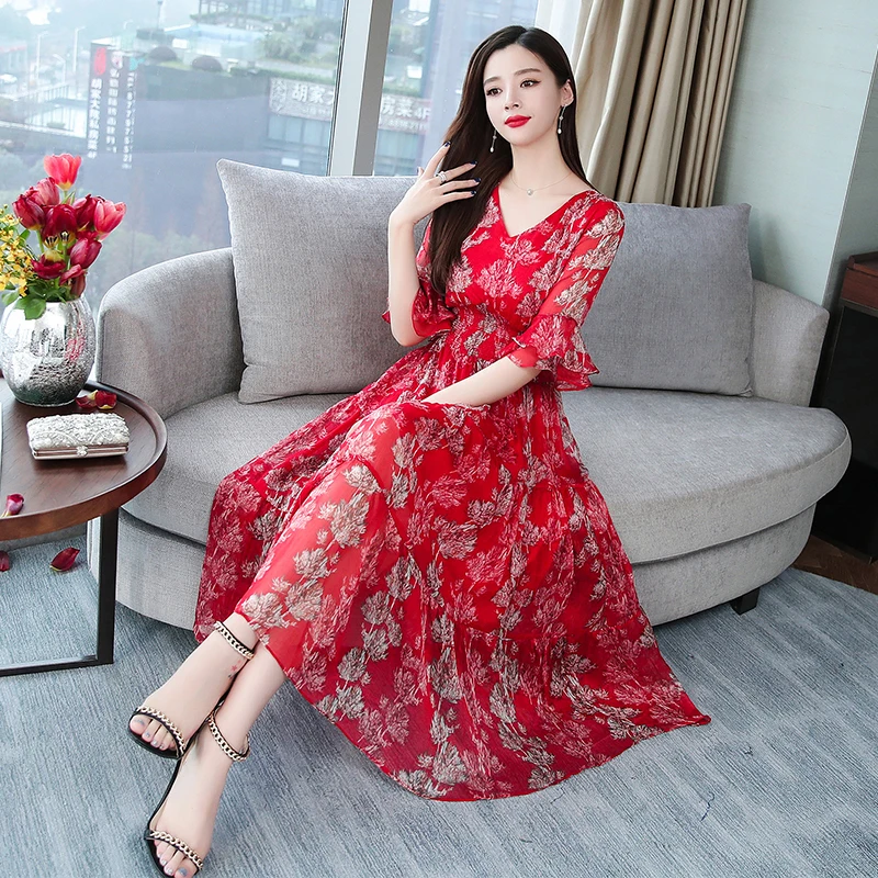 Summer Print Floral Party Red Maxi Women Beach Dress Boho Casual Long Ruffle Elegant Lady Vintage Vestido New Arrivals