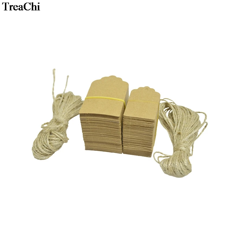 Wholesale 100Pcs Scallop Head Kraft Paper Tag Luggage Wedding Note Label+Jute String DIY Blank Kraft Jewelry  Gift Hang Tag