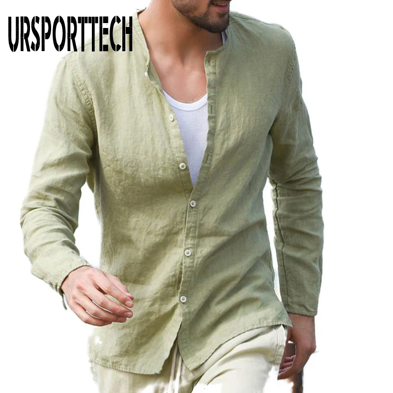 

URSPORTTECH New Shirts Men's Loose Cotton Linen Solid Color Long Sleeve V Neck Shirts Tops Blouses Cool Breathable Men's Clothes
