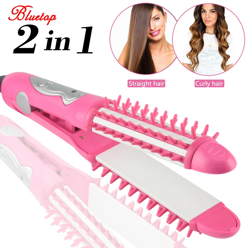 Portable hair curl Straightening brush Electric 2 in 1 hair curling