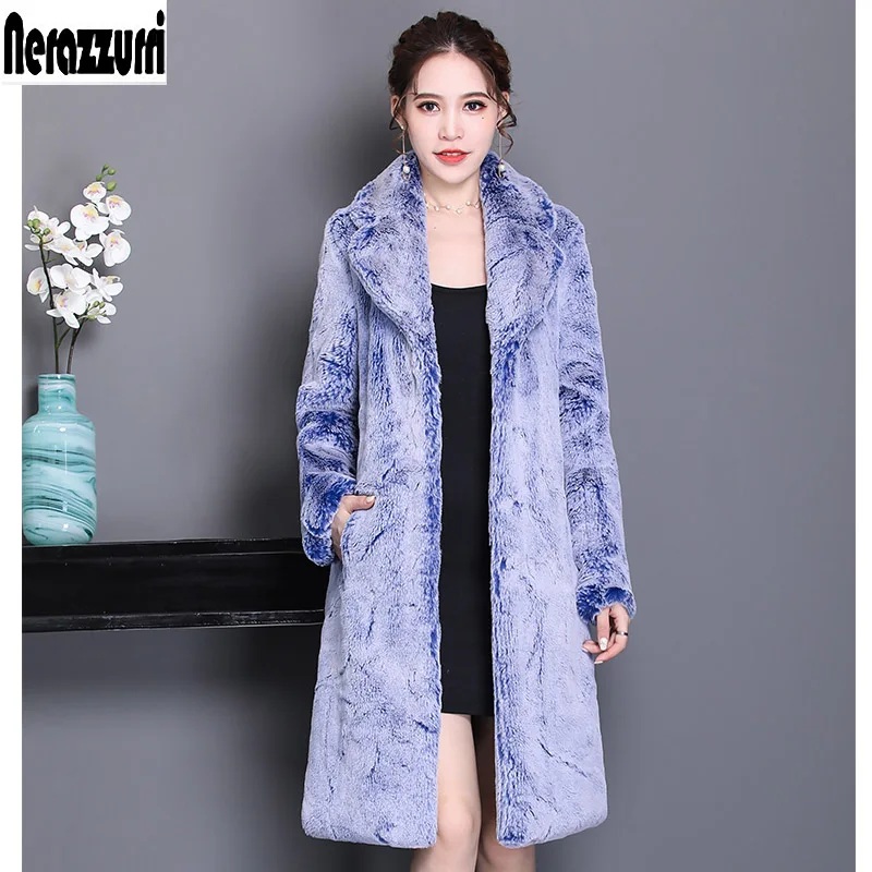 Nerazzurri, зимнее пальто из искусственного меха, Женская Роскошная пушистая Меховая куртка, плотная теплая длинная куртка размера плюс, искусственный мех кролика Рекс, верхняя одежда, 5xl, 6xl - Цвет: blue