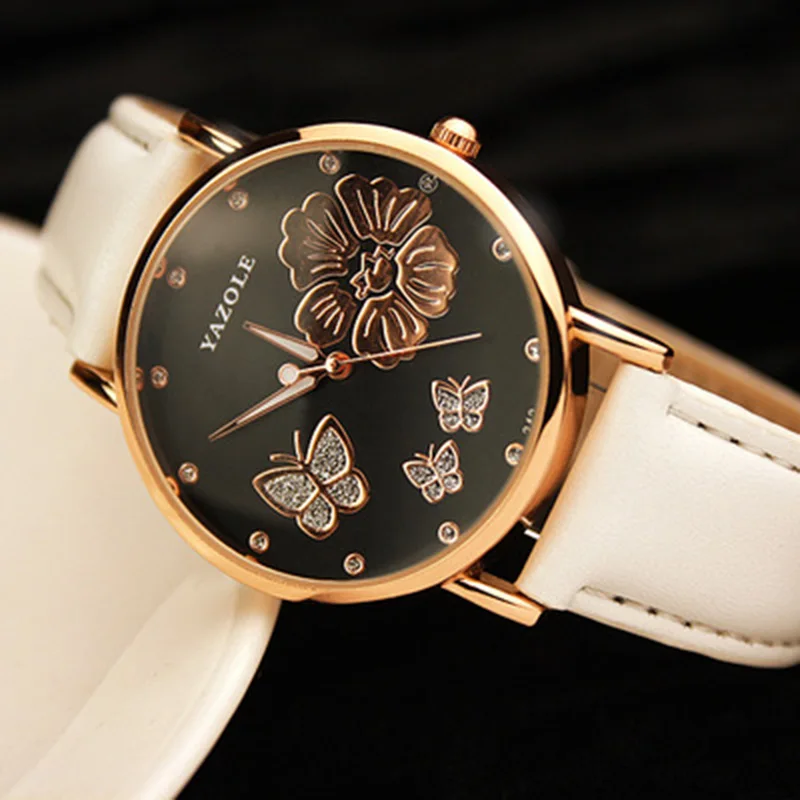 Новая мода Yazole бабочка цветок Bling натуральная кожа кварцевые Свадебные наручные часы женские Montres Femme - Цвет: as the picture