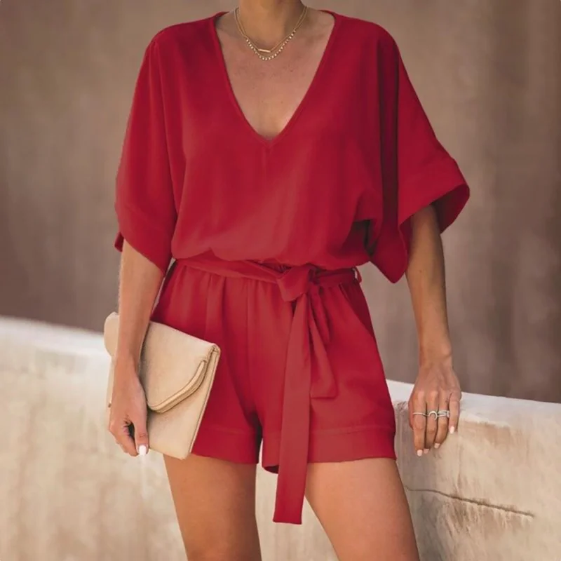 Летний женский сексуальный комбинезон с v-образным вырезом femme Rompers модный однотонный повседневный комбинезон со шнуровкой шифоновый боди с коротким рукавом