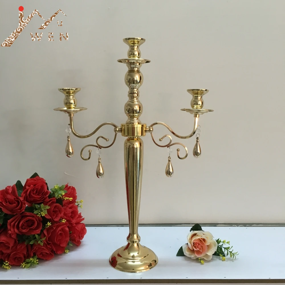 Golden 3 Heads Candelabra Candle Holder With Pendant Table Wedding
