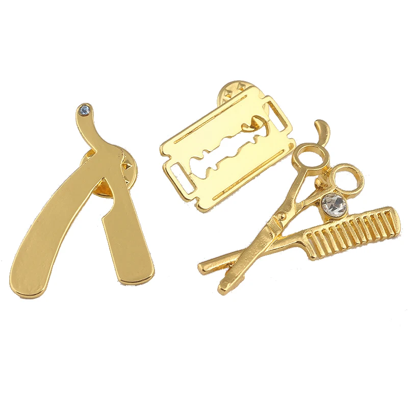 Cute Barber Shop Razor Blade Scissor Brooch Trendy Cosmetologist Tool