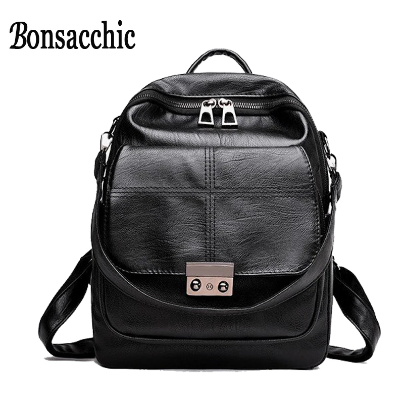 Bonsacchic черный Для женщин рюкзак Кожа PU Рюкзак женский школьные рюкзаки для девочек-подростков сумка рюкзак сумка