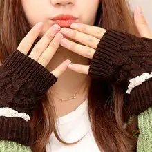 120 пар/лот зимние теплые отделка кружевом Твист Трикотажные половину пальца перчатки для игр