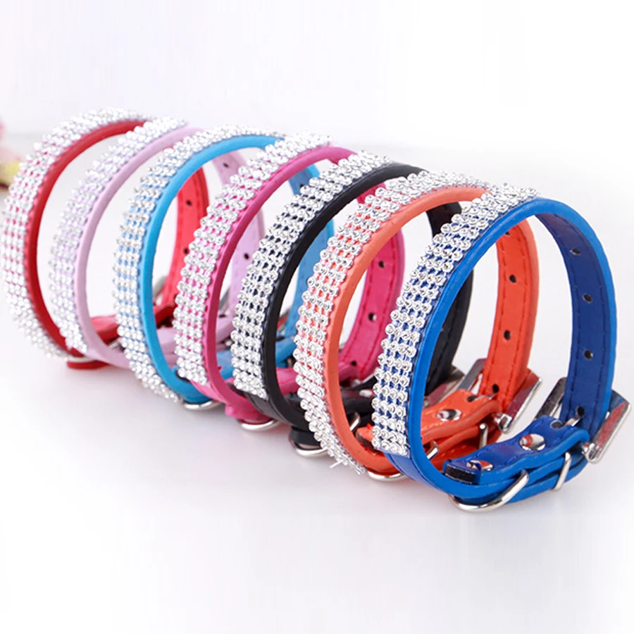 New Bling Dog Collar PU Leather 7 colors 4 Rows Rhinestone Diamante Pet