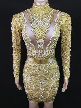 gold dress Модное серое платье с жемчугом, стразы, длинные рукава, стрейч, сексуальные платья для сцены, дня рождения, праздника, ночного клуба - Цвет: gold dress