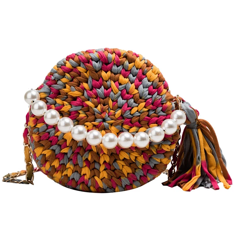 

New Small Fragrance Single Shoulder Messenger Bag Hand-Woven Fashion Pearl Chain Small Round Bag