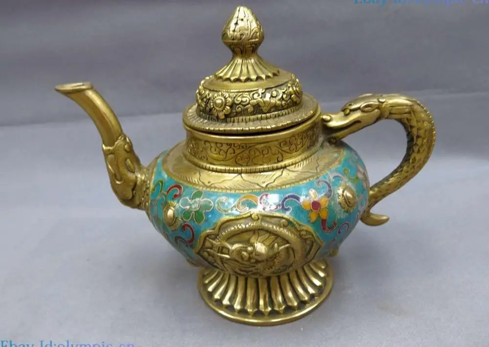 

8" China bronze gild blue Cloisonne carved finely dragon Teapot sculpture Statue
