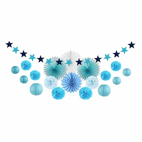 20 шт синий комплект украшений для вечеринки бумажные фонарики/бумажные веера розетка/помпоны в виде цветов/гирлянда со звездой для детского дня рождения - Цвет: Blue