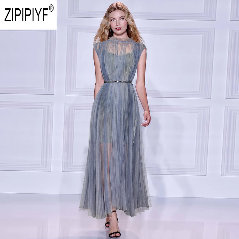 

Simple Design Fashion Women 2019 Dresses Stand Neck A-Line High Waist Solid Color Beach Dresses See Through Maxi Dresses Z1715